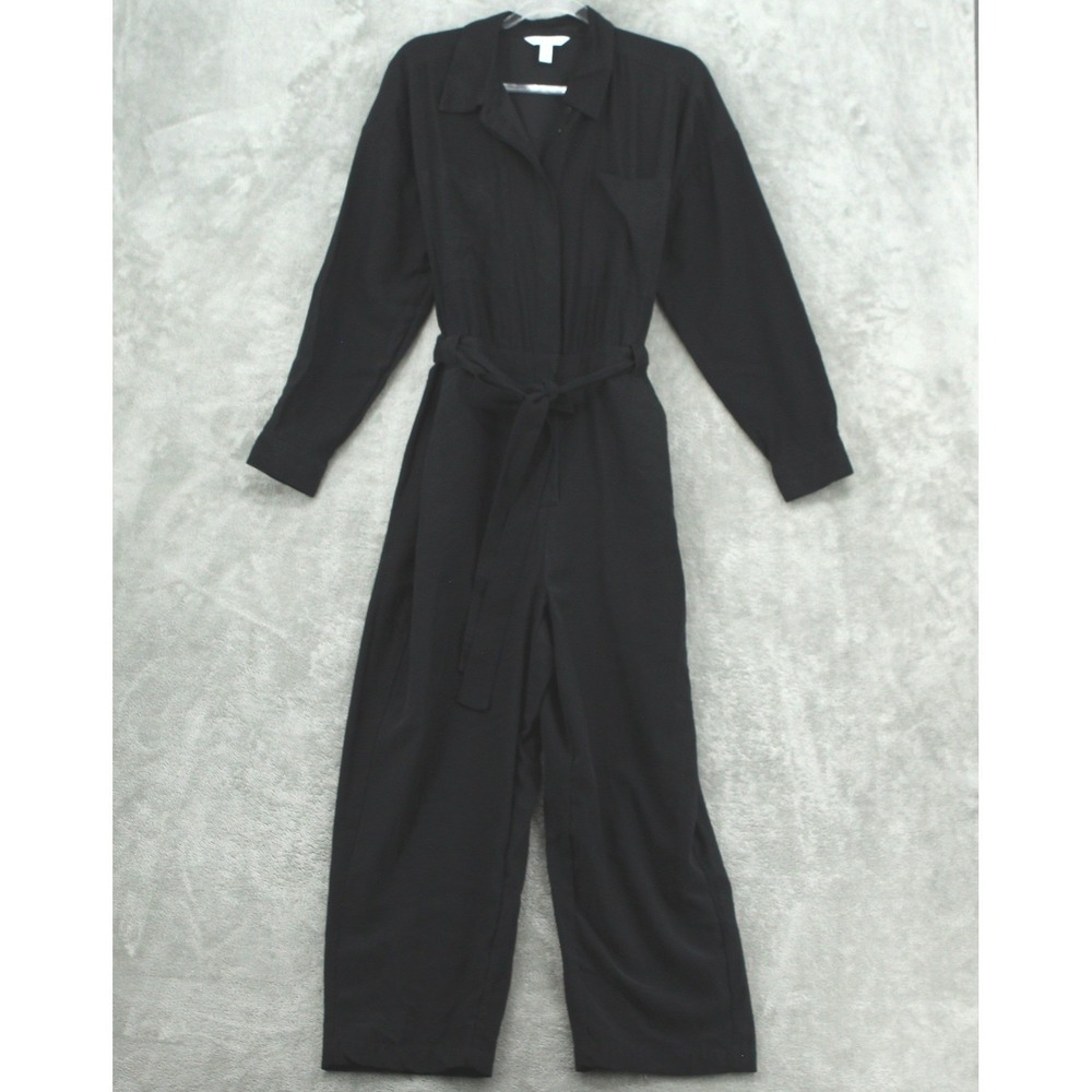 Nine West Jumpsuit Women Large Chambray Belted Pockets Straight Leg Casual Black